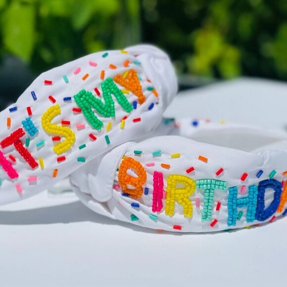 NEW IT's MY BIRTHDAY Confetti Rainbow White Fabric Embellished Headband - Picture 2 of 9